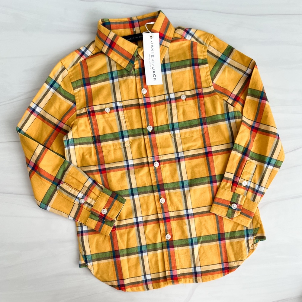 NWT! Janie and Jack Boys Yellow and Green Plaid Button Down Shirt